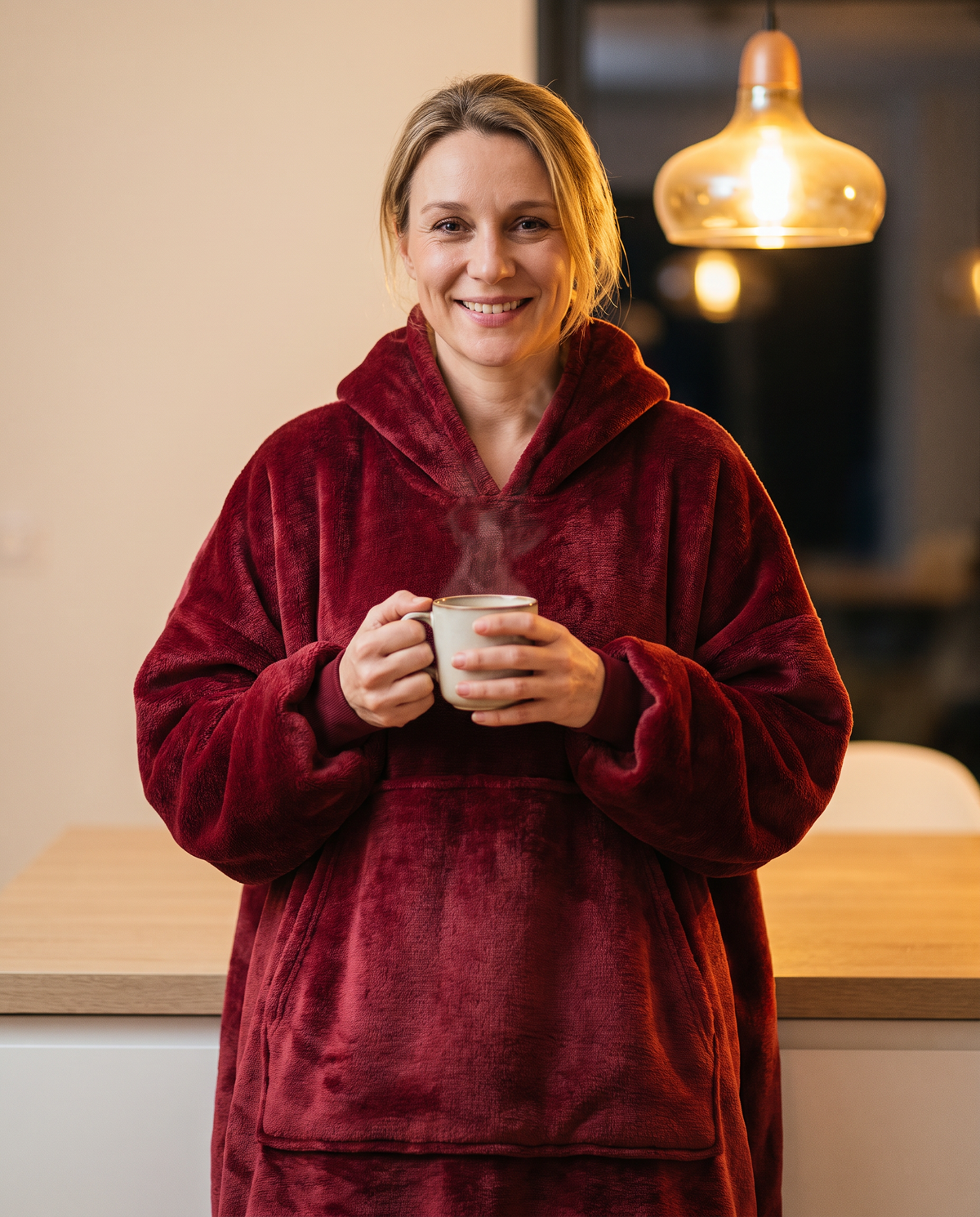 Une personne en sweat-plaid oversize, debout dans une cuisine